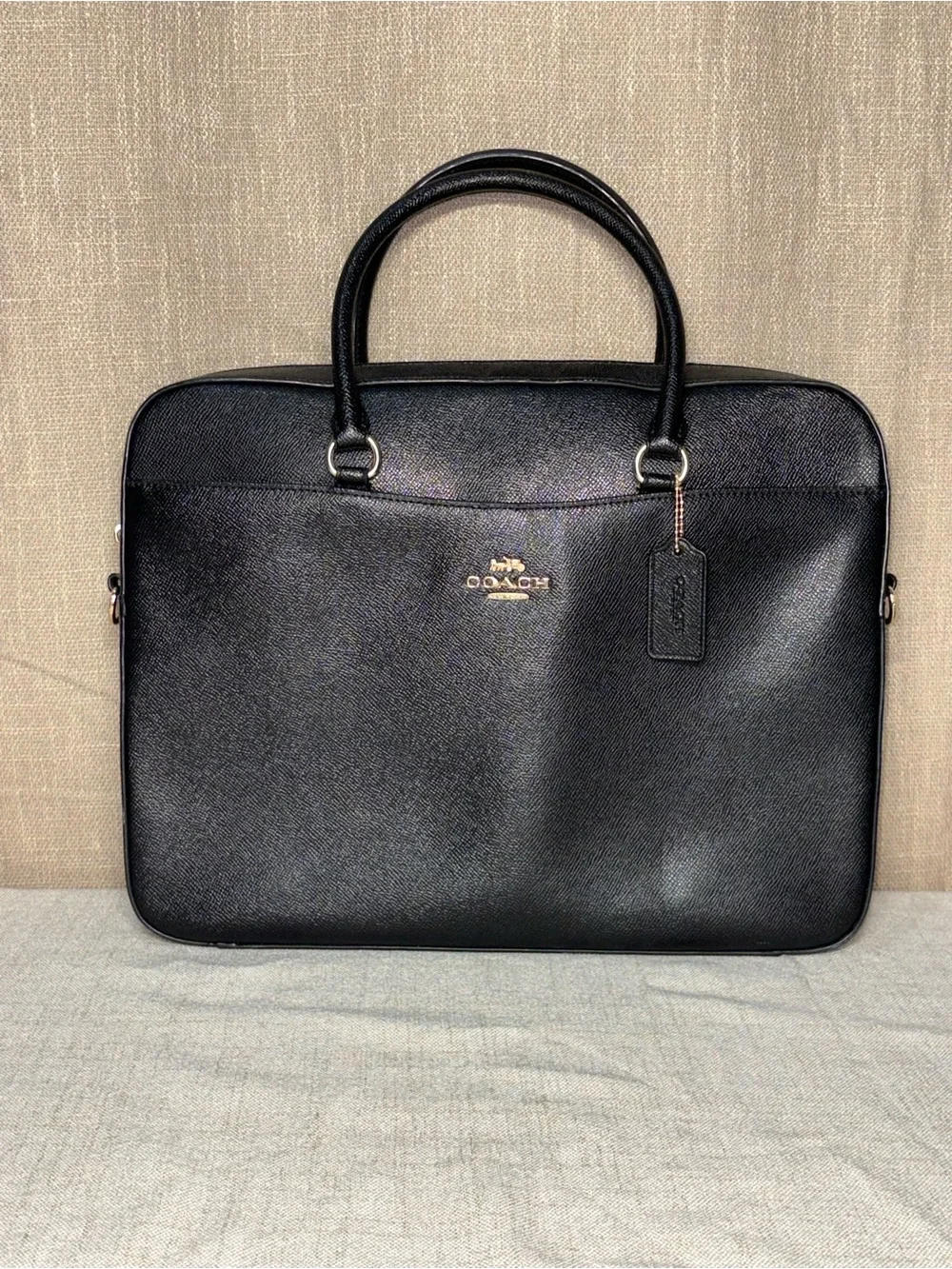 Coach F39022 Black Crossgrain Leather Laptop Bag Briefcase Crossbody Slim Tote